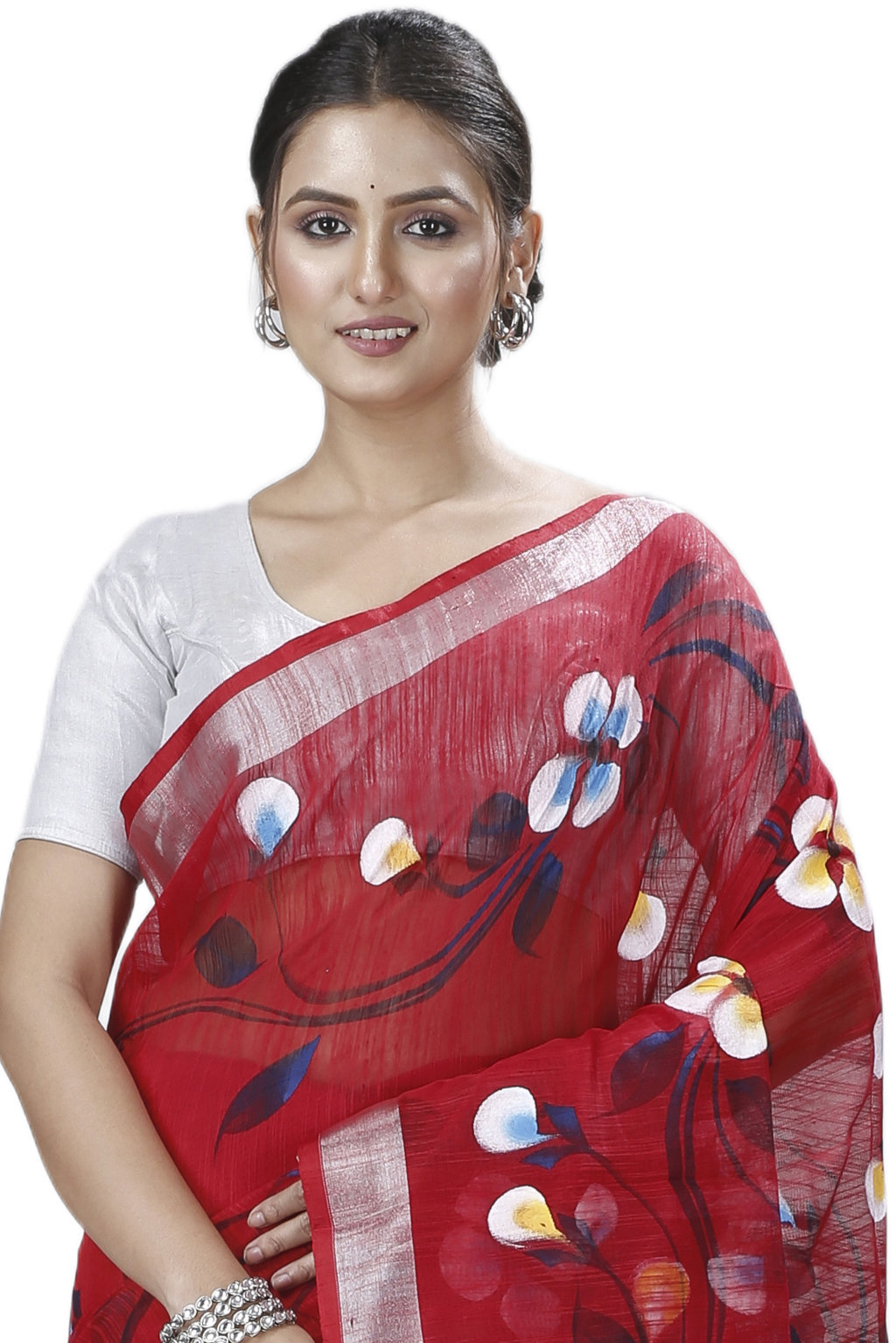 Red Blended Cotton Tonika Hand Painted Saree (1220)